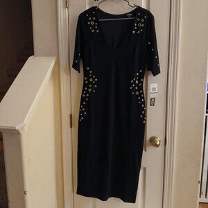 BNWT XOXO Black with Gold Accents V-neck 1/4 Sleeve Midi Pencil Dress Sz L